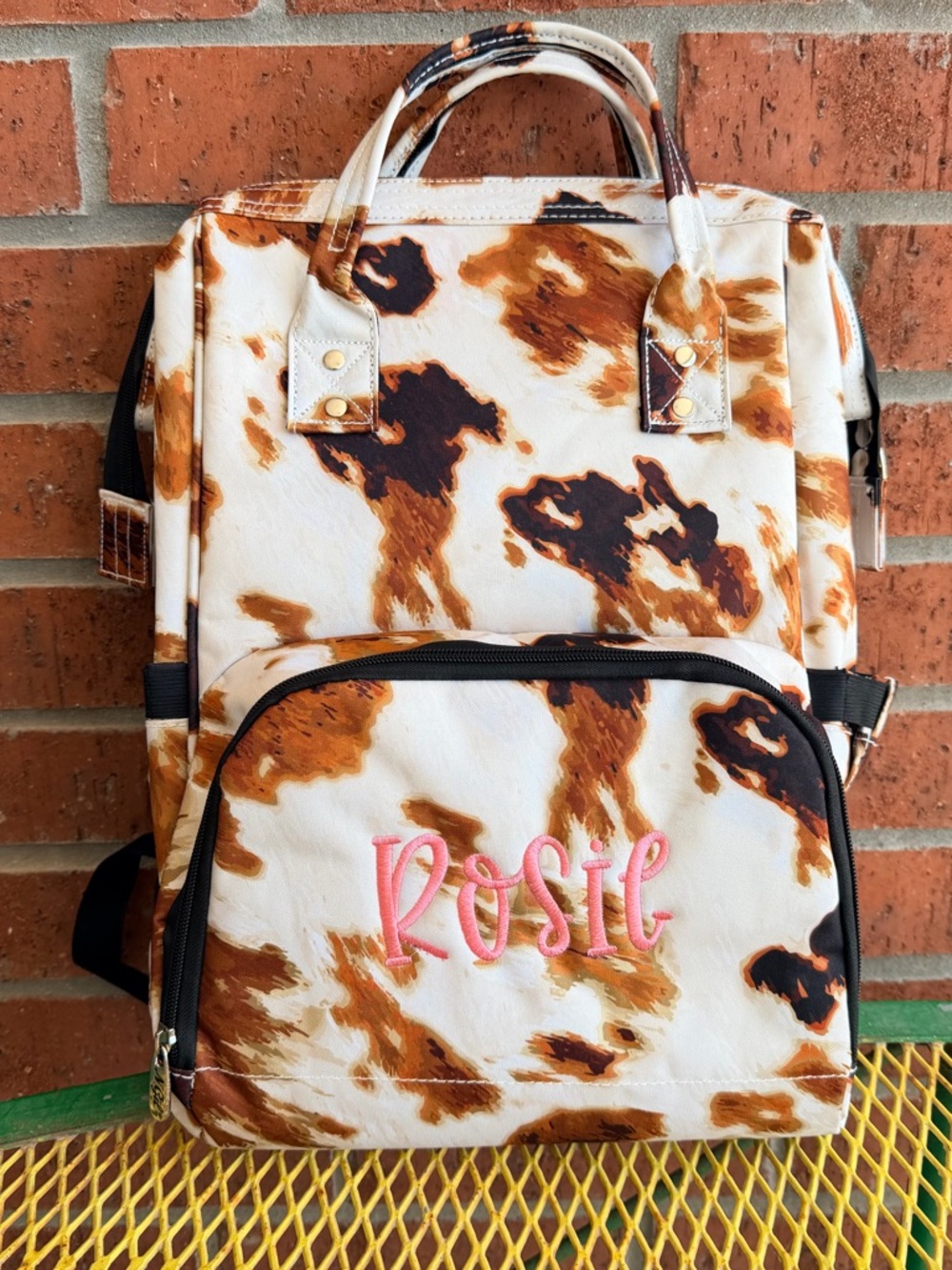 Cow Print Backpack Diaper Bag ALREADY PERSONALIZED WITH ROSIE IN PINK THREAD